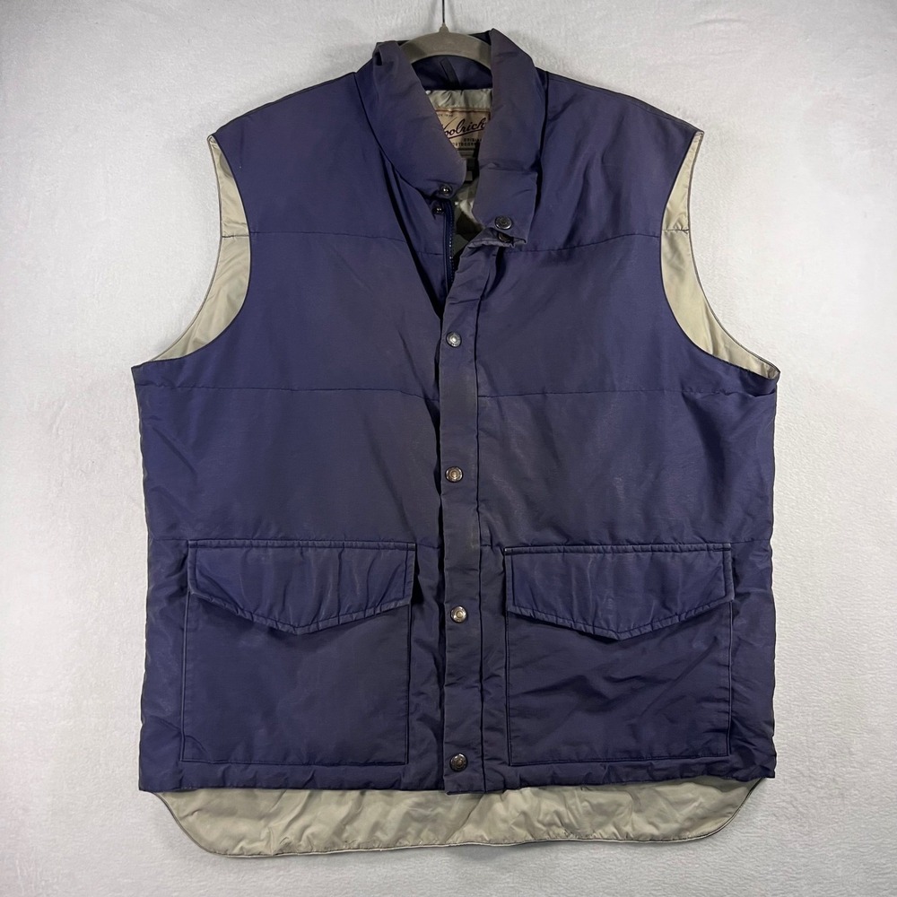 Woolrich Mens Puffer Vest Dark Blue Tan Lined Original Outdoorwear Large